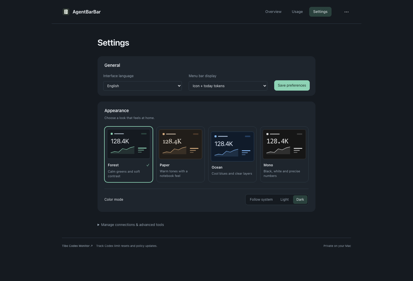 AgentBarBar appearance settings with four themes and light, dark and system modes